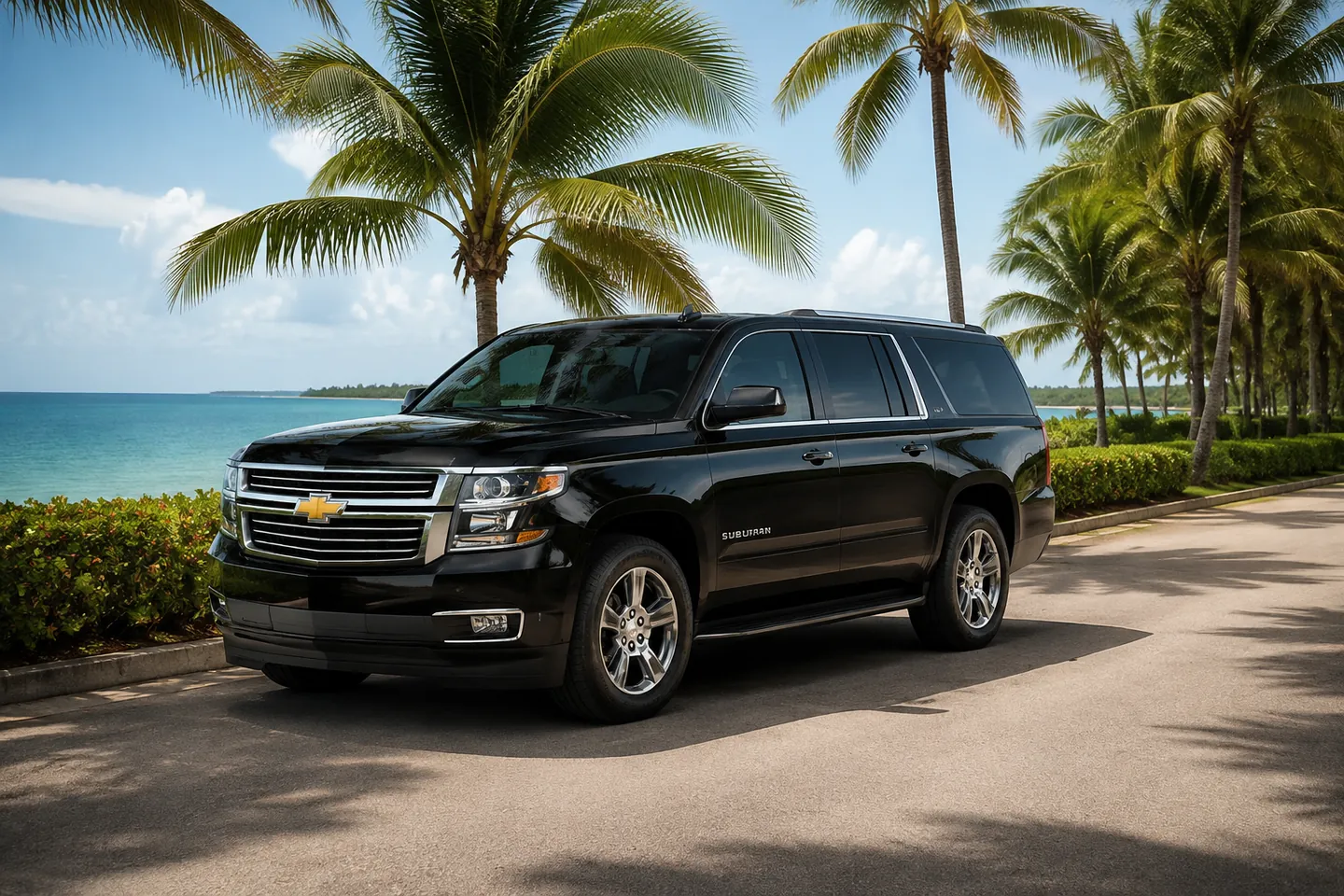 SUV negro junto al mar y palmeras en Rep&uacute;blica Dominicana