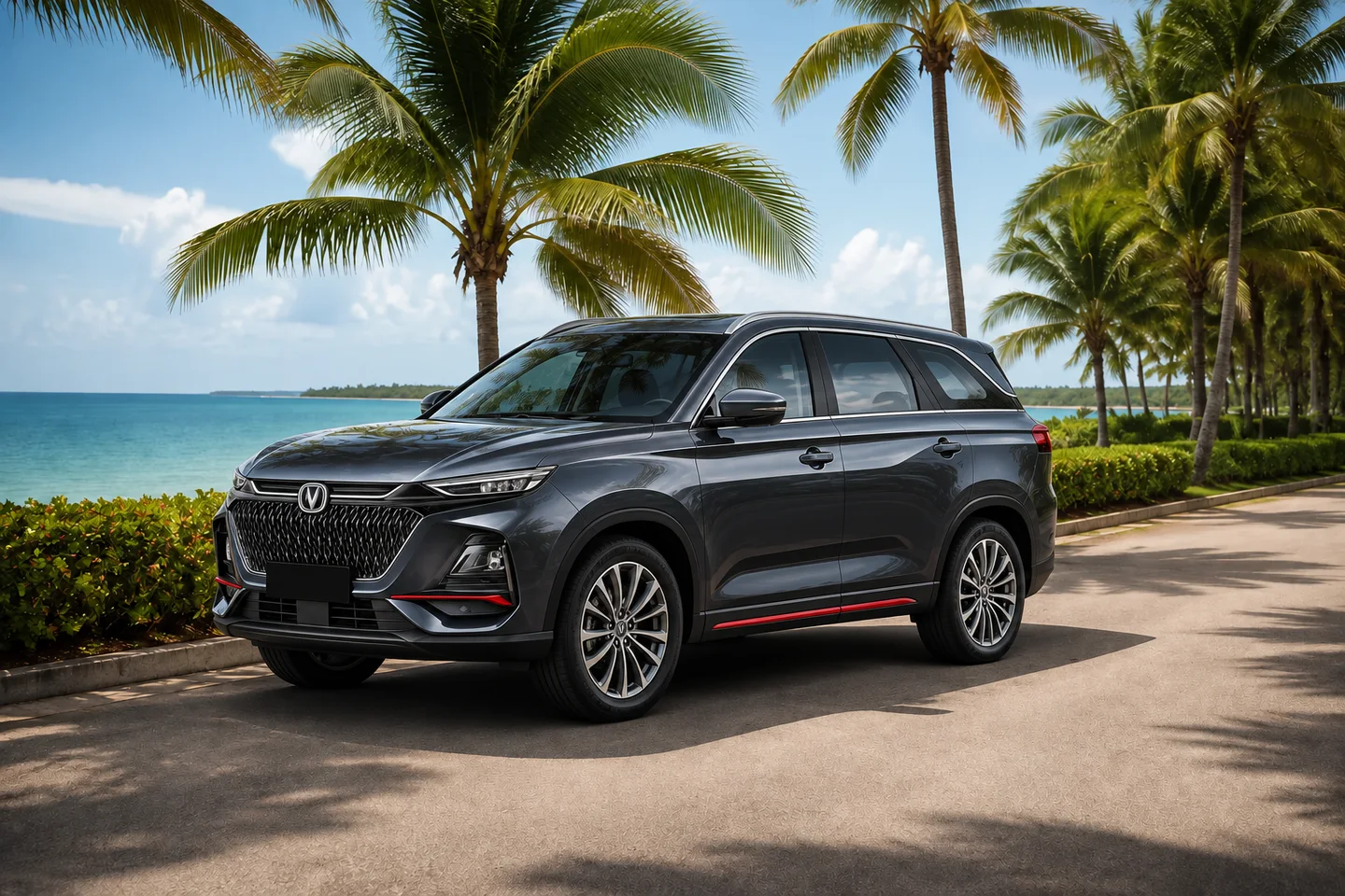 Ilustraciones de un Changan X7 y un Suzuki Swift junto al mar y las palmeras